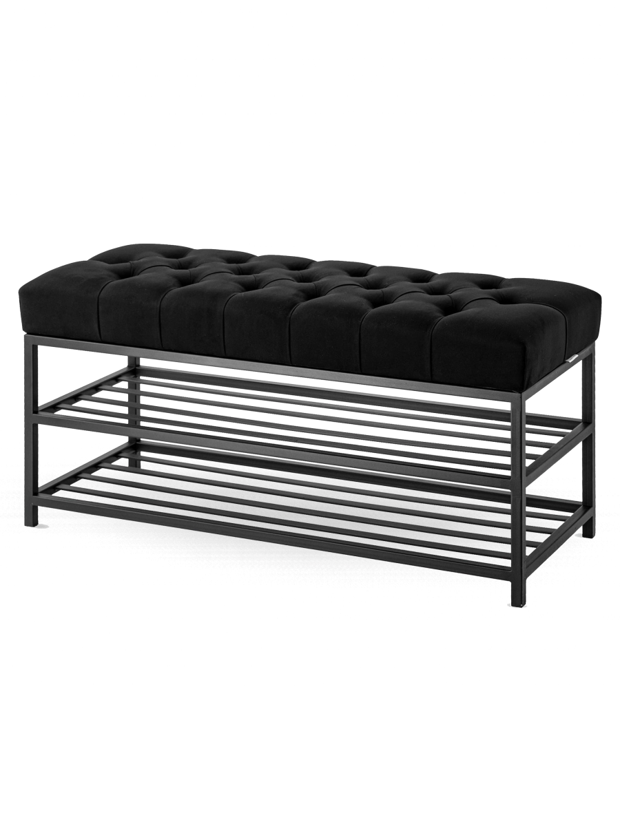 Banc industriel matelassé noir avec étagères en métal