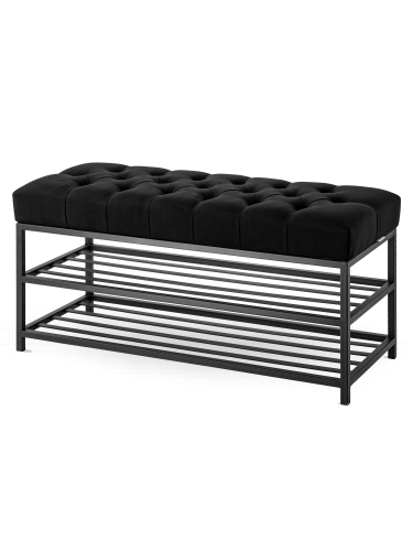Banc industriel matelassé noir avec étagères en métal