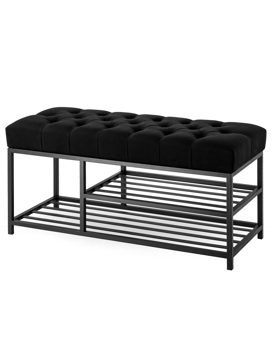 Banc industriel matelassé noir avec étagères en métal