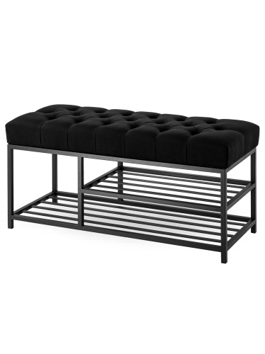 Banc industriel matelassé noir avec étagères en métal