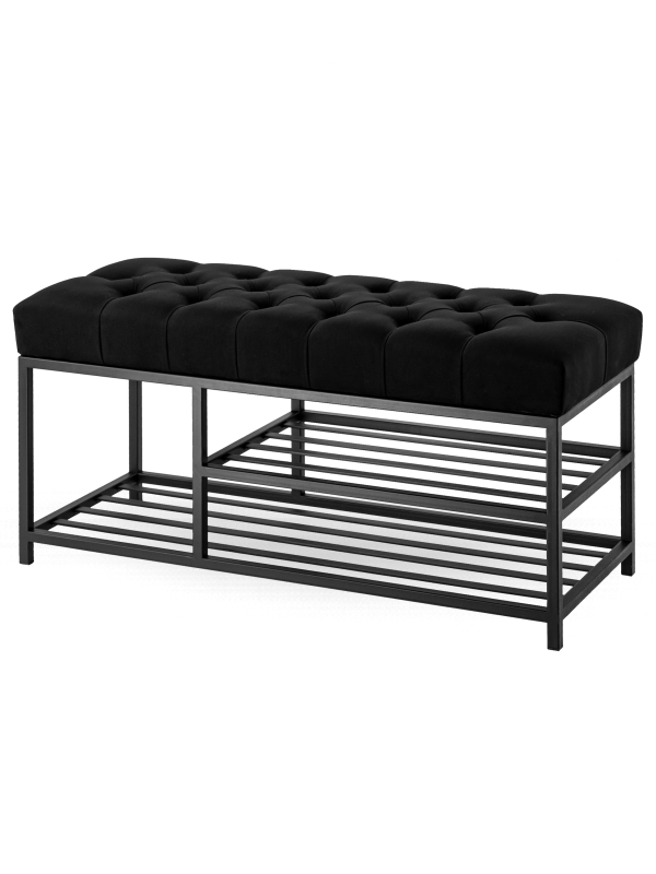 Banc industriel matelassé noir avec étagères en métal