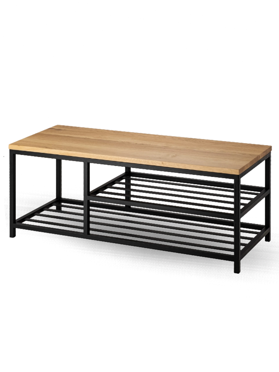 Un banc minimaliste avec un plateau en bois et deux étagères ajourées.