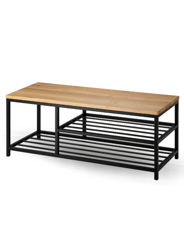 Un banc minimaliste avec un plateau en bois et deux étagères ajourées.