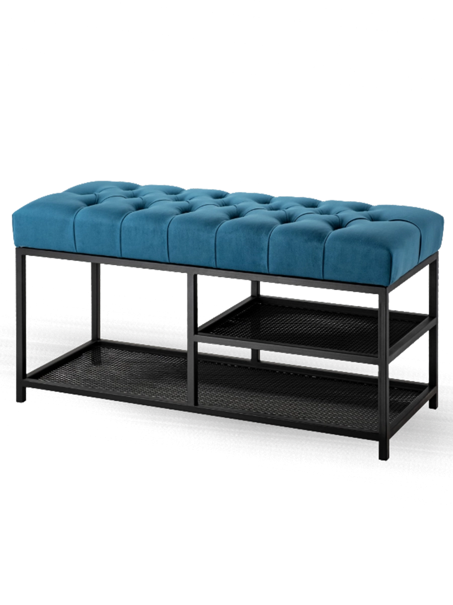 Banc matelassé bleu avec structure en acier et étagères