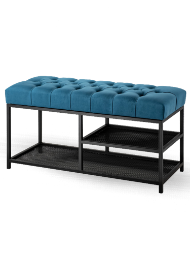 Banc matelassé bleu avec structure en acier et étagères