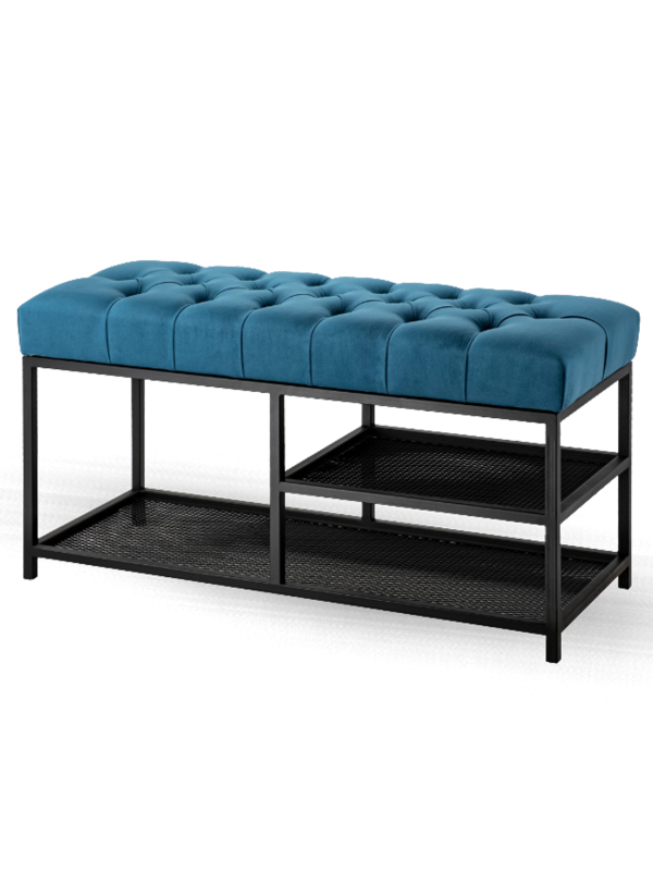 Banc matelassé bleu avec structure en acier et étagères