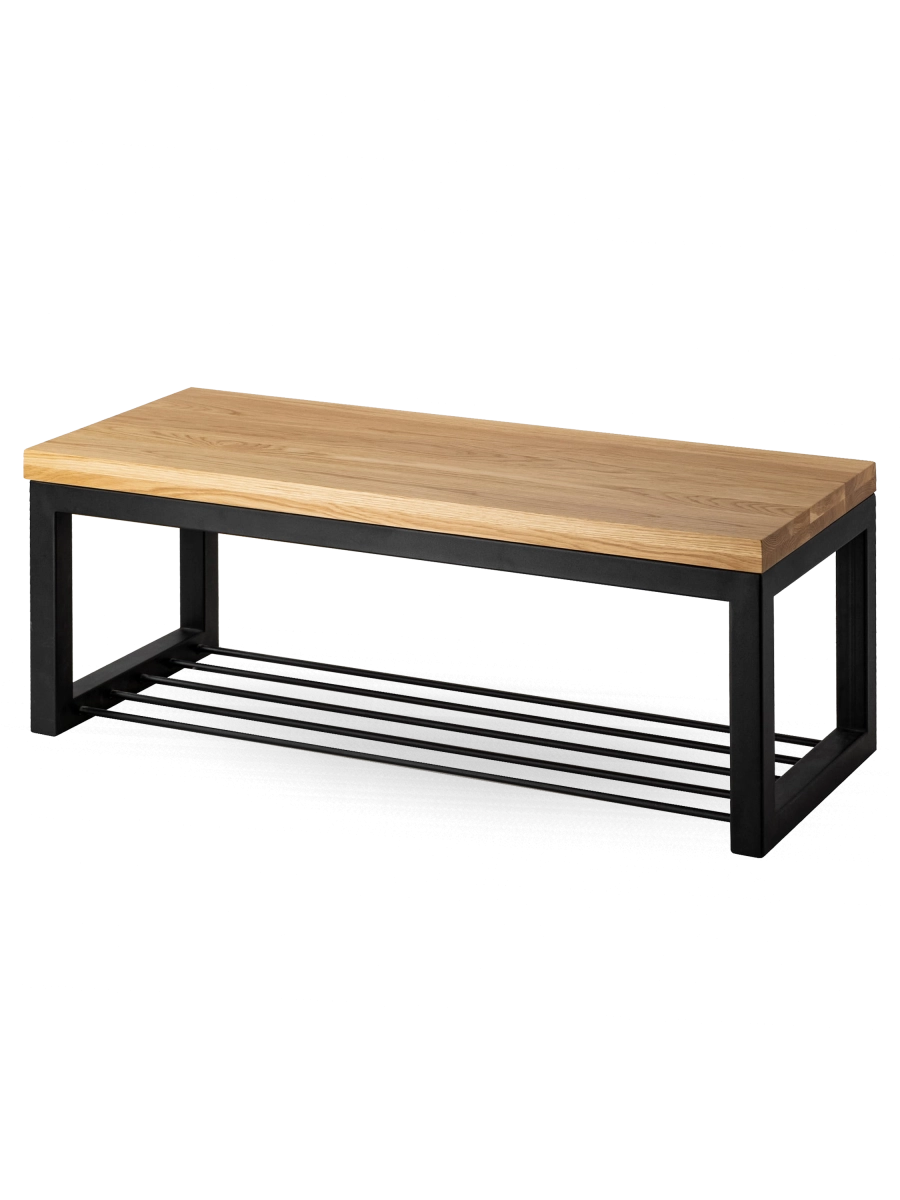 Banc en métal avec étagère à chaussures et plateau en bois, idéal pour les intérieurs loft