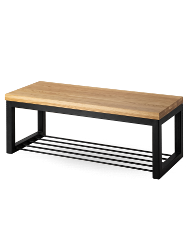 Banc en métal avec étagère à chaussures et plateau en bois, idéal pour les intérieurs loft