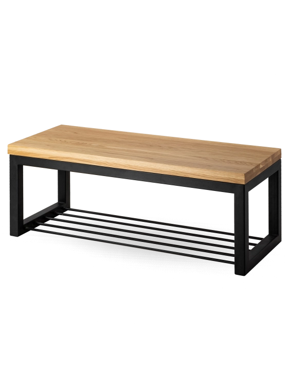 Banc en métal avec étagère à chaussures et plateau en bois, idéal pour les intérieurs loft