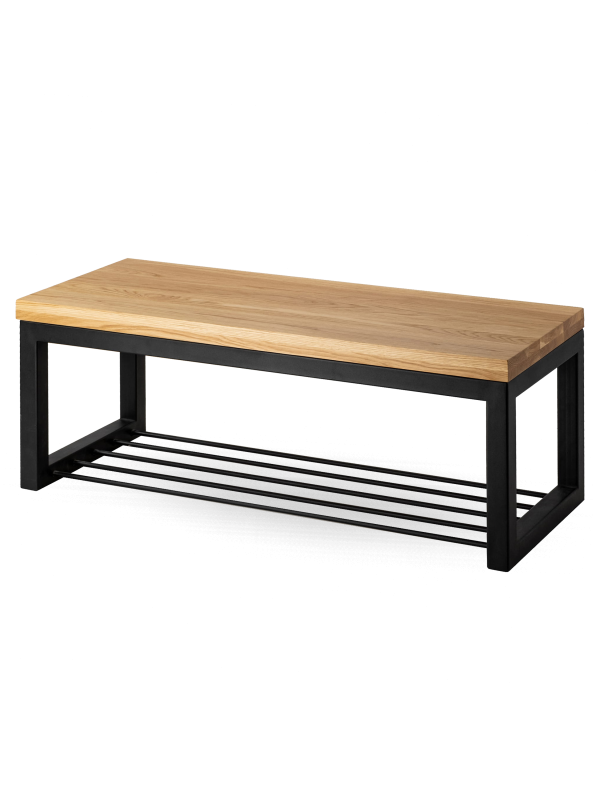Banc en métal avec étagère à chaussures et plateau en bois, idéal pour les intérieurs loft