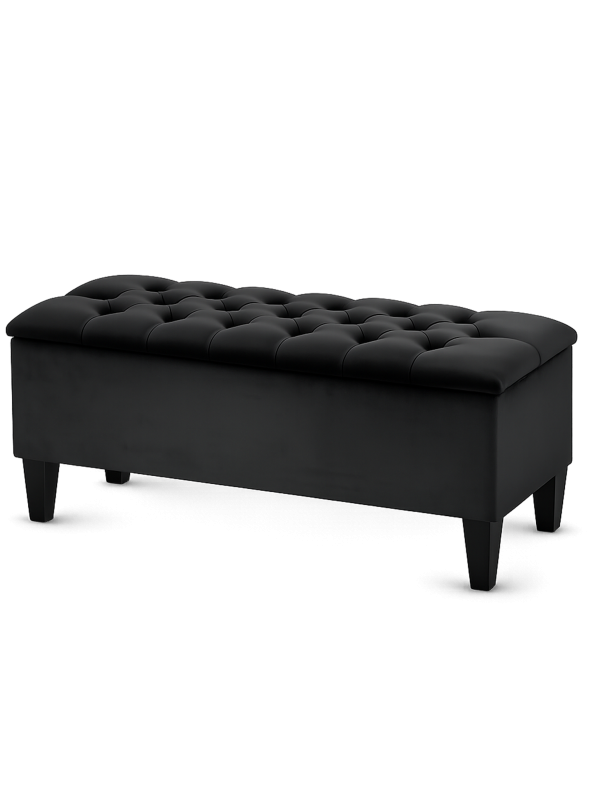 Élégant pouf matelassé noir avec rangement, parfait pour un salon ou une chambre