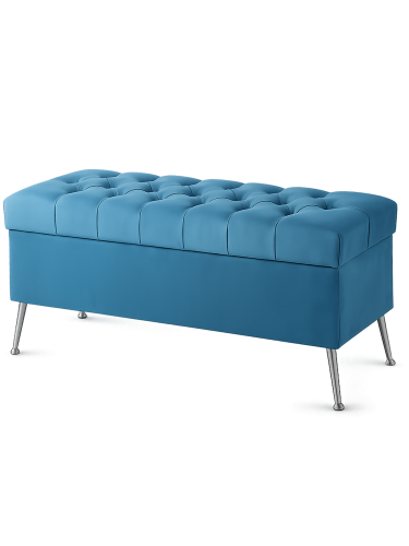 Pouf matelassé élégant avec un contenant en bleu sur des pieds fins