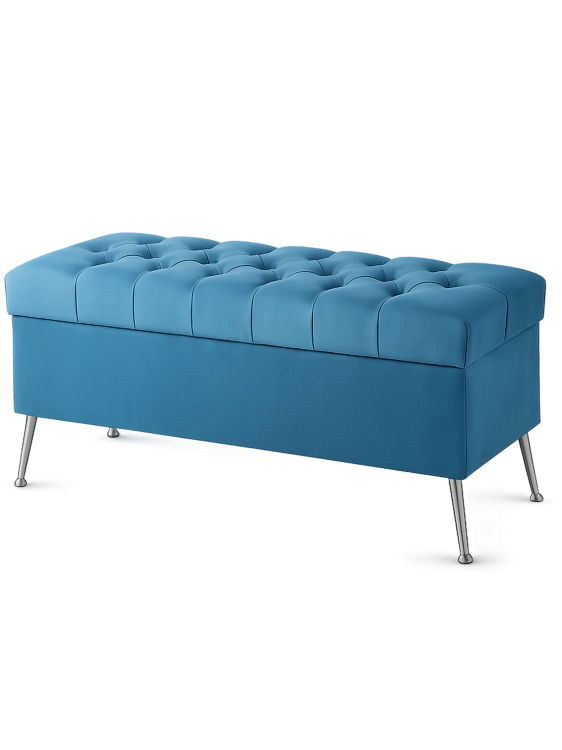 Moderner blauer Pouf mit Steppung und Stauraum, auf Metallbeinen stehend