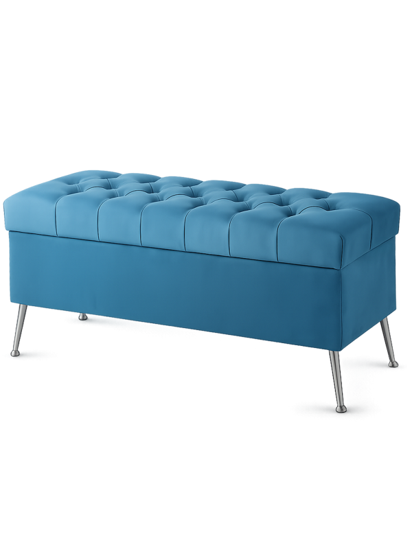 Pouf matelassé élégant avec un contenant en bleu sur des pieds fins