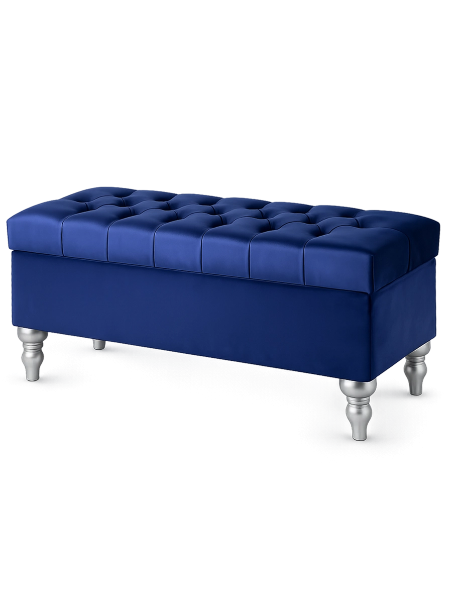 Pouf bleu marine avec rangement et matelassage, parfait pour les intérieurs modernes