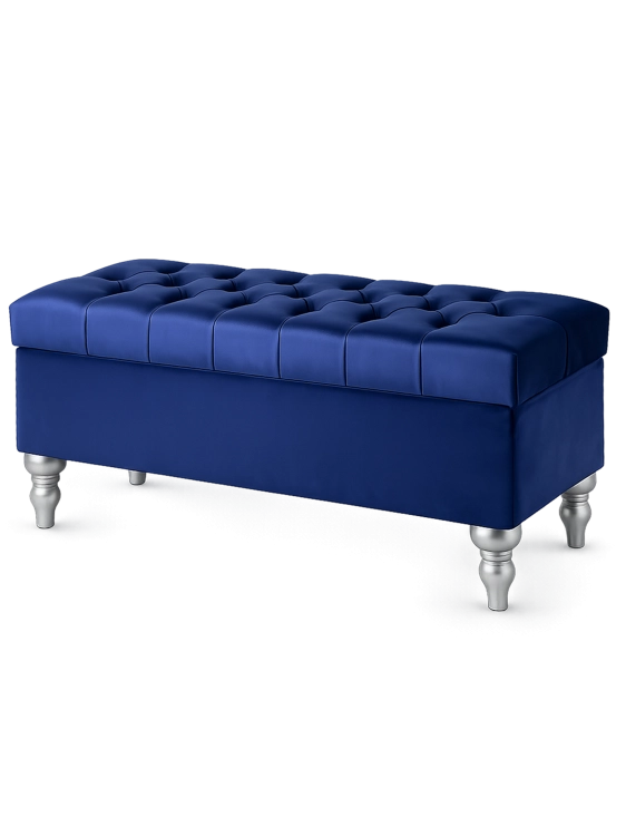 Pouf bleu marine avec rangement et matelassage, parfait pour les intérieurs modernes