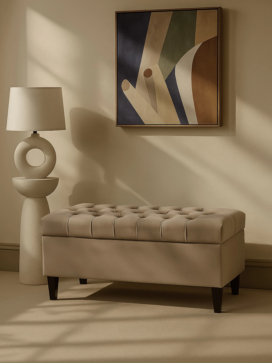 Grand pouf matelassé Latte avec rangement, confortable et fonctionnel pour le salon