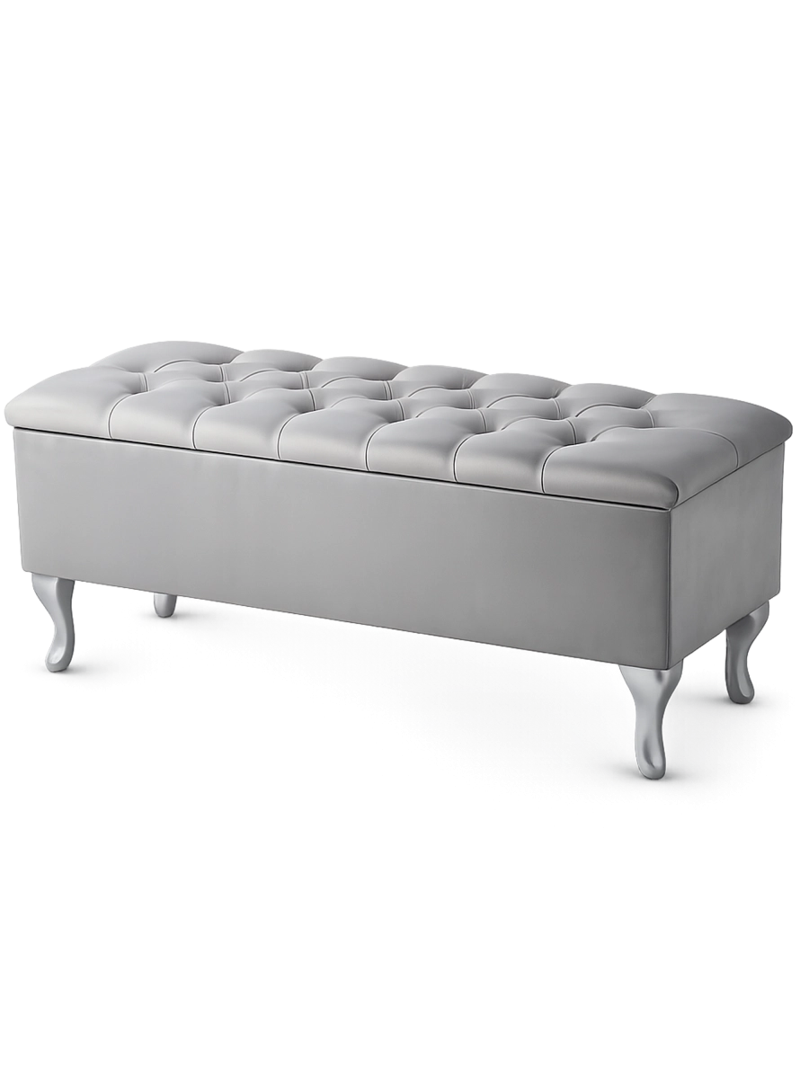 Pouf élégant matelassé gris clair avec rangement, meuble confortable et pratique