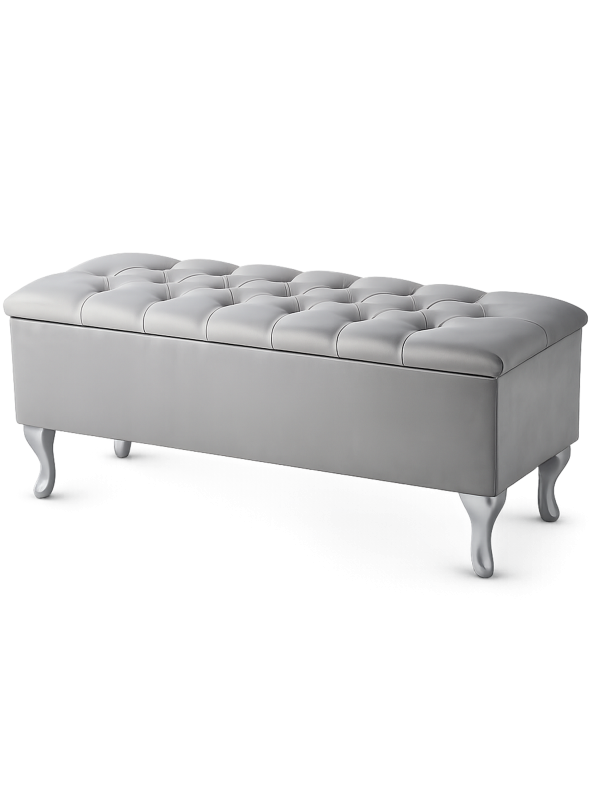 Pouf élégant matelassé gris clair avec rangement, meuble confortable et pratique