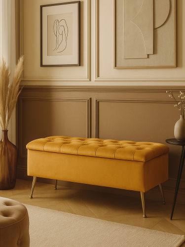 Pouf matelassé avec rangement couleur papaye, un meuble élégant et pratique pour l'intérieur