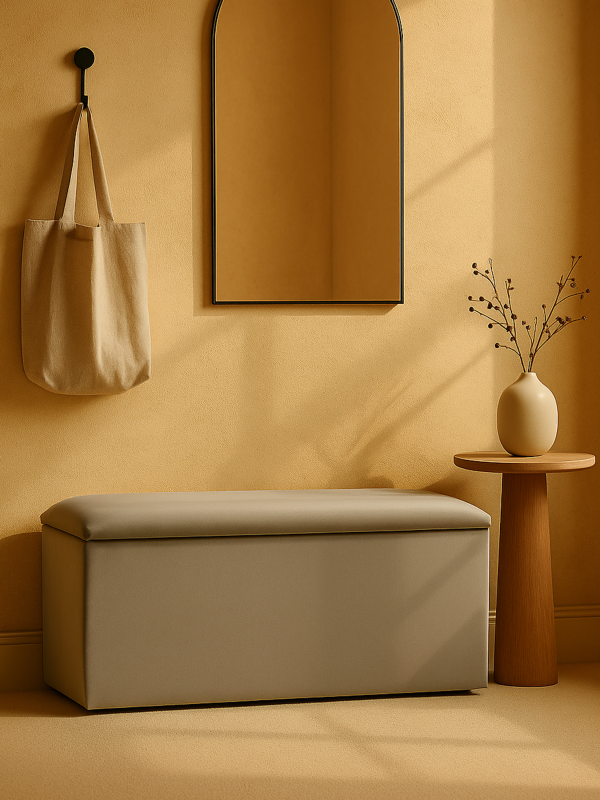 pouf gris avec compartiment de rangement