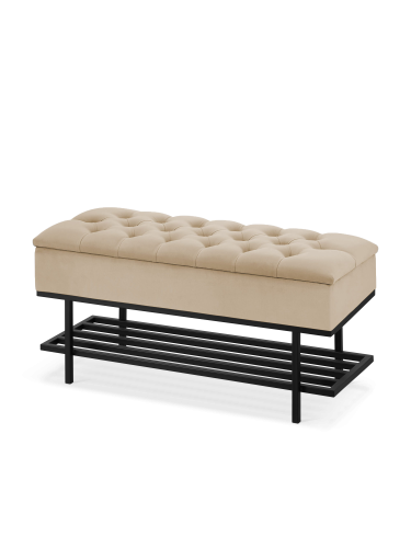 Gesteppte Bank mit Regal in Latte und schwarzem Metallgestell für Flur oder Schlafzimmer