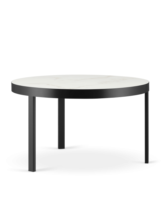 Stilvoller Couchtisch mit Marmorplatte und rundem Stahlfuß