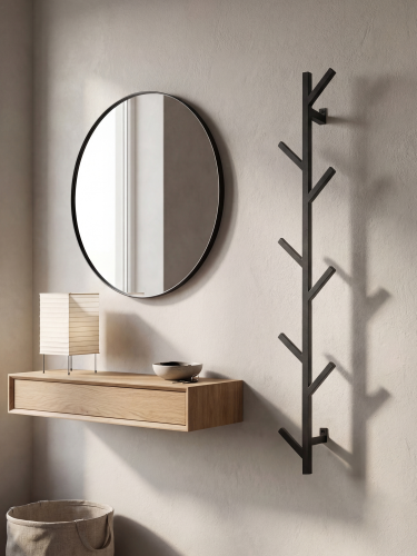 porte-manteau vertical en acier au mur avec un banc à chaussures gris