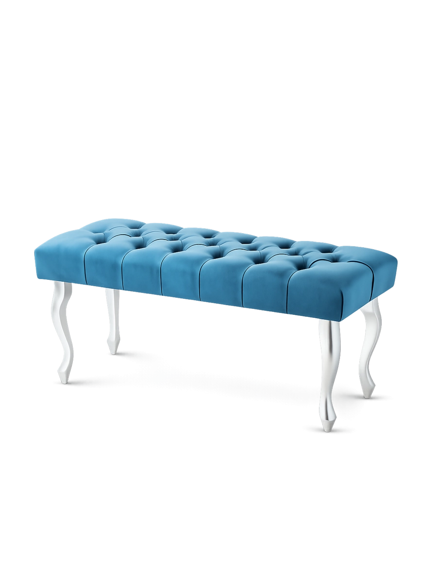 Banc matelassé turquoise élégant avec pieds en métal argenté