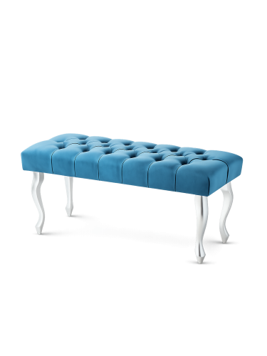 Banc matelassé turquoise élégant avec pieds en métal argenté