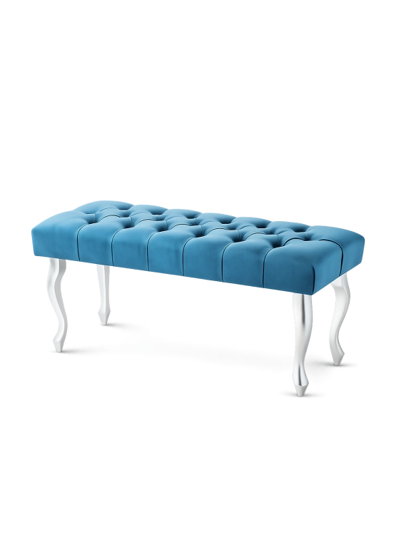 Banc matelassé turquoise élégant avec pieds en métal argenté