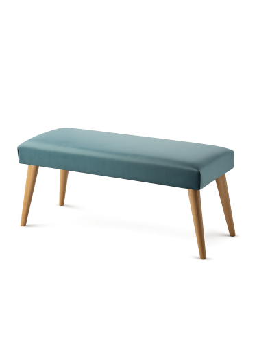 Banc élégant vert menthe, avec revêtement rembourré et piètement en bois, idéal pour le salon ou l'entrée.