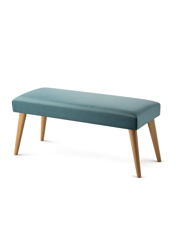 Banc élégant vert menthe, avec revêtement rembourré et piètement en bois, idéal pour le salon ou l'entrée.
