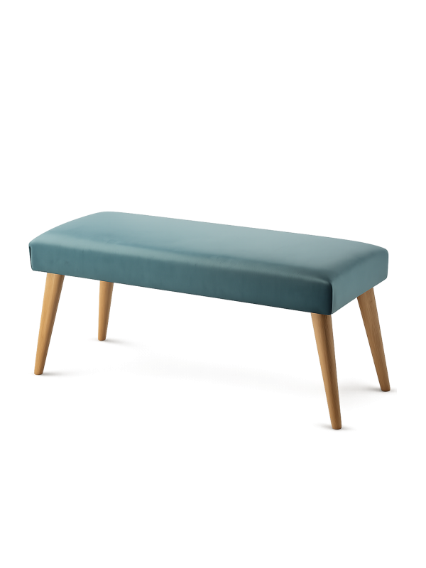 Banc élégant vert menthe, avec revêtement rembourré et piètement en bois, idéal pour le salon ou l'entrée.