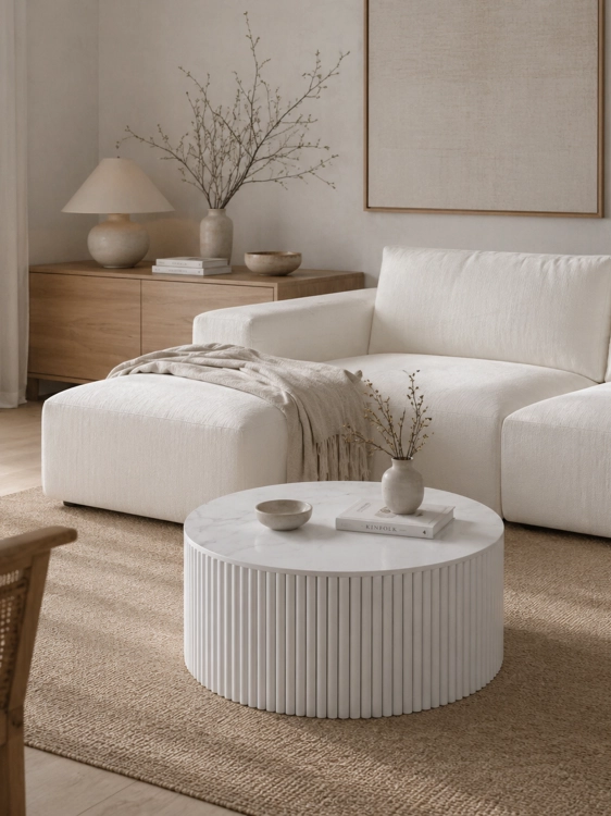 une table moderne de couleur blanche, avec un piètement rainuré et un plateau en pierre