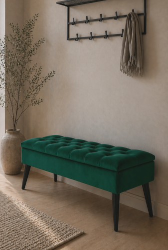 Pouf matelassé vert bouteille avec rangement, espace élégant et spacieux