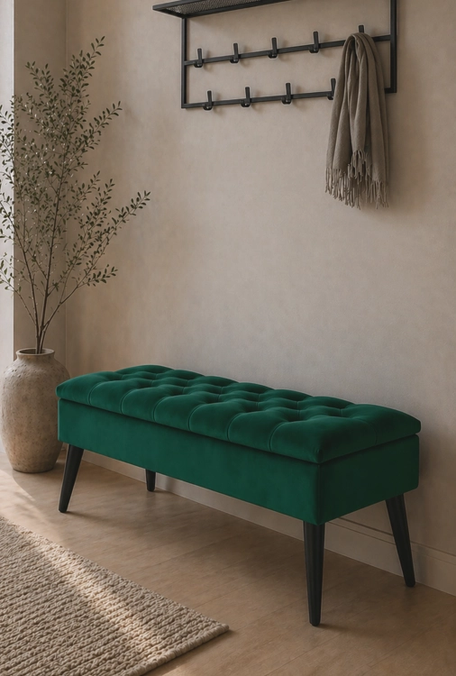 Pouf matelassé vert bouteille avec rangement, espace élégant et spacieux