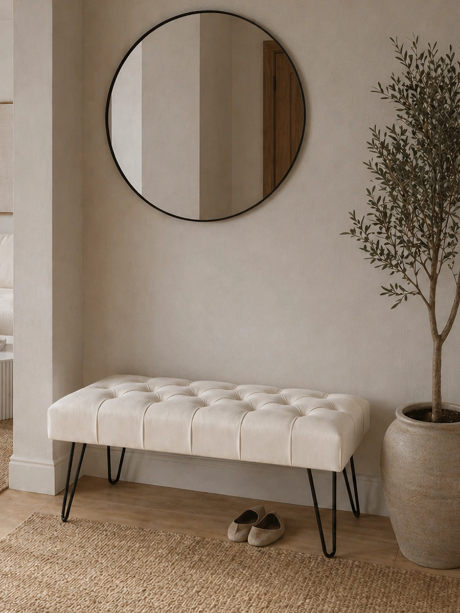 Banc capitonné crème avec pieds décoratifs en épingle