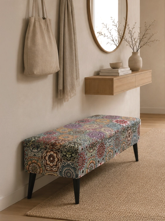 Pouf de rangement rembourré à motifs avec pieds noirs