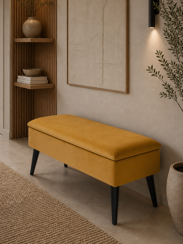 pouf d'entrée rembourré jaune avec rangement