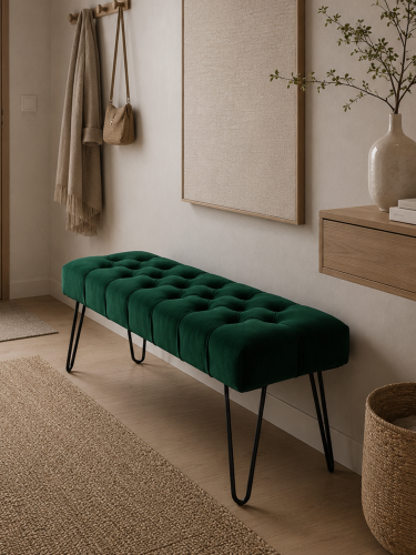 Banc vert matelassé sur pieds en métal