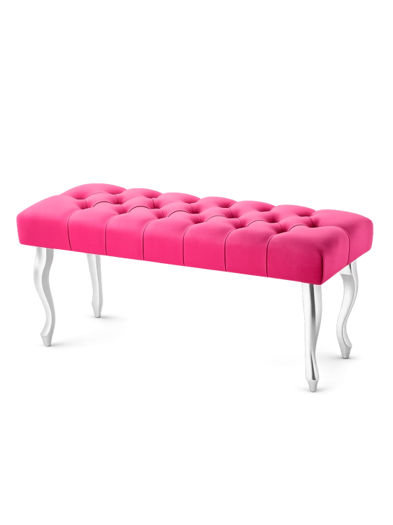 Banc élégant tufté fuchsia avec pieds en métal argenté, parfait pour un salon ou un dressing