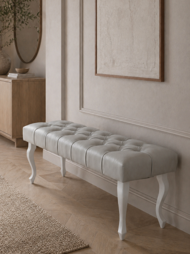 Banc Chesterfield classique, matelassé, cuir gris, élégance et confort