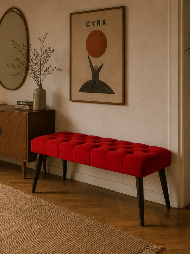 Élégant banc capitonné rouge - parfait pour un salon, une chambre ou un couloir