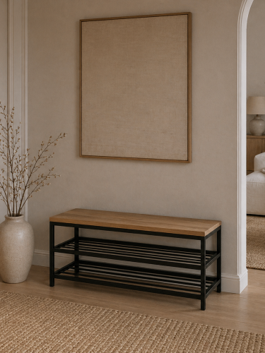 Banc industriel avec plateau en bois et étagères en dessous