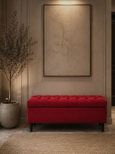 Pouf matelassé avec rangement en rouge intense, une solution confortable et esthétique