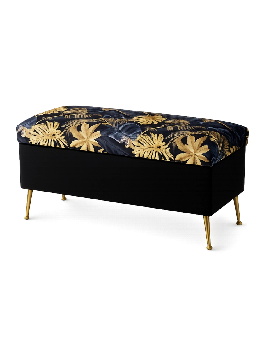 Pouf matelassé avec rangement, noir avec motif feuille d'or