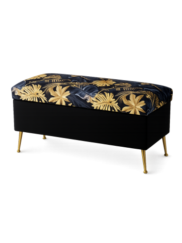 Pouf matelassé avec rangement, noir avec motif feuille d'or