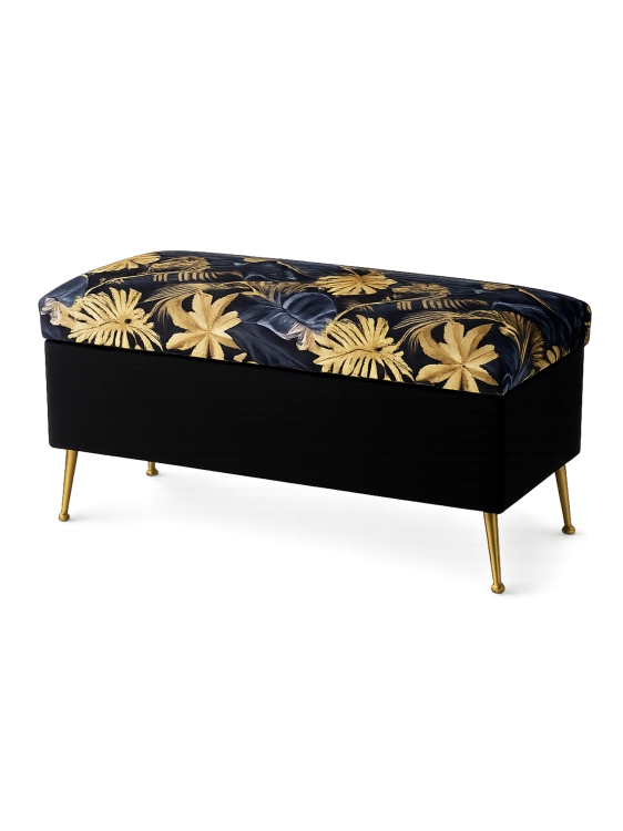 Pouf matelassé avec rangement, noir avec motif feuille d'or