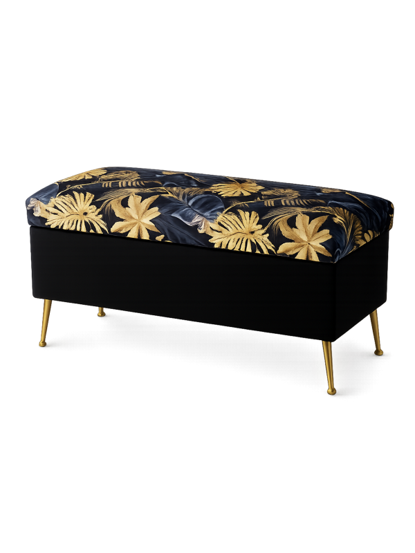 Pouf matelassé avec rangement, noir avec motif feuille d'or